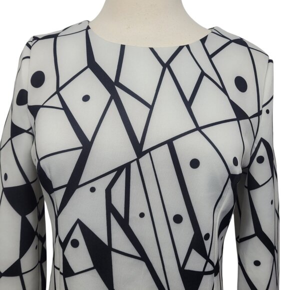 Women’s Black & White Geometric Print Dress Long Sleeve, Size M, Mod Retro Style - Picture 2 of 8
